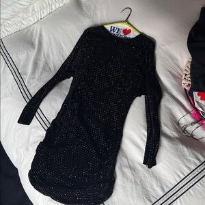 RETROFETE  Black Velvet Long Sleeve Dress with Sparkle Studs open back